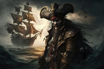 Dangerous Black Pirate - The Ruler of Pirate Ship Generative AI - obrazy, fototapety, plakaty