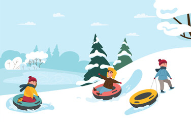 Kids sliding on tube and sledge. Boys and girls on winter slide in snow. Activity and rest after study, winter holidays. Characters in warm clothes in forest. Cartoon flat vector illustration