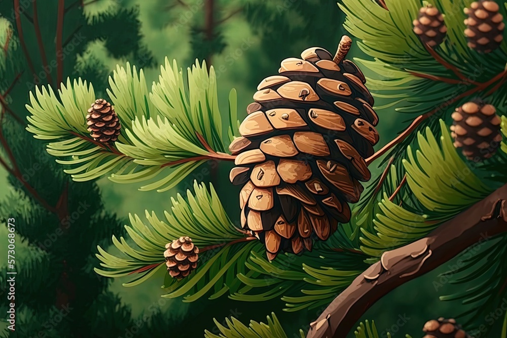 Poster image of a pine cone up close on a forest tree generative ai