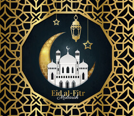 Eid Mubarak gold. Arab traditions and culture. Islamic holiday and festival. Design element for greeting postcard. Crescent next to traditional oriental buildings. Realistic vector illustration