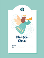Christmas tag with angel. Woman in green dress with wings plays trumpet. Winter holidays and New Year. Design element for greeting postcard. Cartoon flat vector illustration © Rudzhan