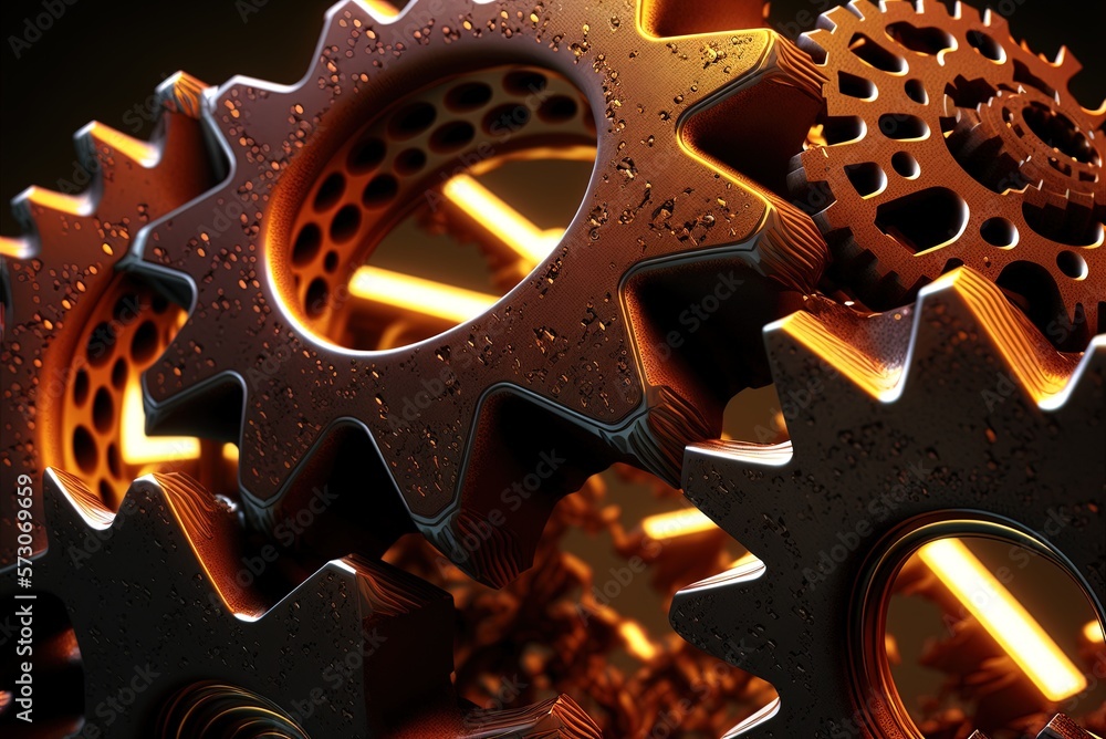 Poster a magnified view of grimy metal cogs on a light grid generative ai