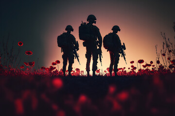 Remembrance Day. Silhouettes of soldiers at poppy field created with generative AI technology