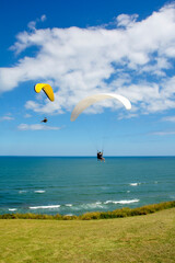 Paragliders flying over the sea in the city of Torres in the state of Rio Grande do Sul