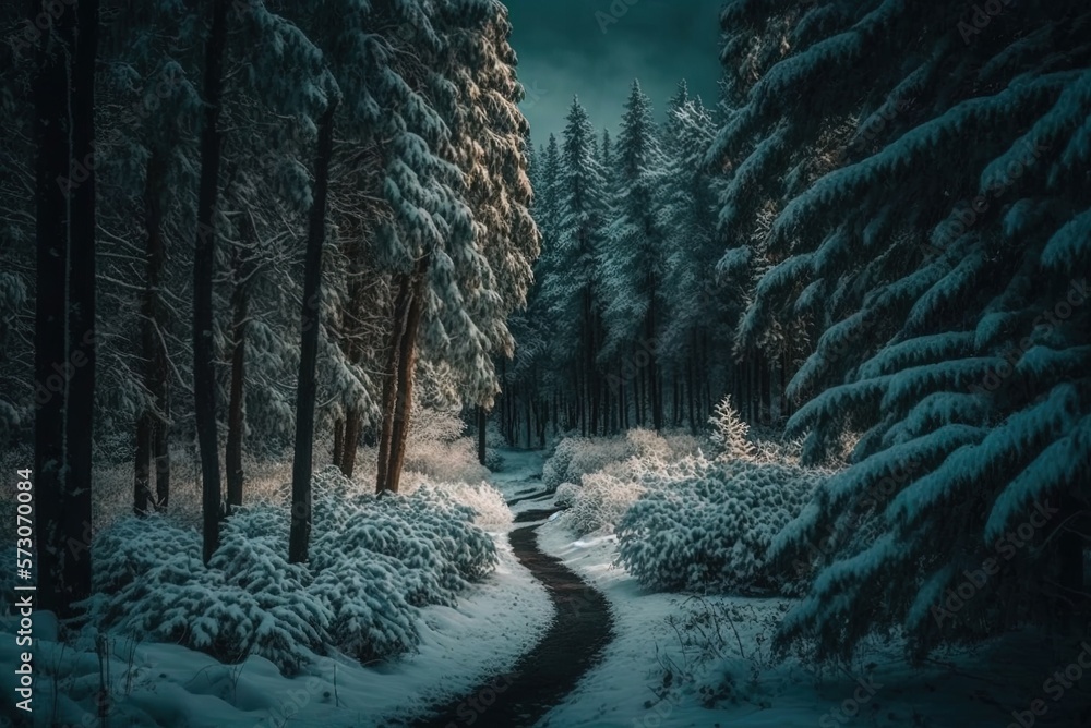Poster snowy landscape with trees in the distance generative ai