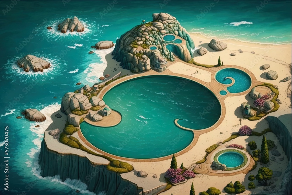 Poster view of the ocean and a beachside pool as seen from above. generative ai
