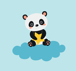 Birth card panda on cloud. Charming character sits with star in his hand. Imagination and fantasy. Asian animal and mammal. Tenderness and love. Cartoon flat vector illustration