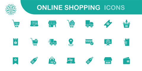 Online shopping, E-commerce icons set. Shopping. Online shopping thin line icons vector. E-business symbol. Solid icons vector collection. Line with editable stroke