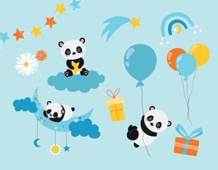 Birth card panda set. Collection of animals in different scenes. Character with balloons and gift boxes, month, cloud and stars. Cartoon flat vector illustrations isolated on blue background