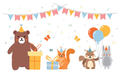 Naklejka premium Animals birthday party. Bear and squirrel with gift boxes and hares with balloon under colorful flags. Festival and holiday, event. Design for greeting postcard. Cartoon flat vector illustration