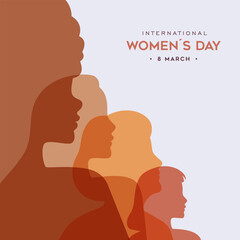 International Women's day diverse people profile transparent silhouette card