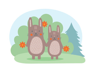 Rabbits on lawn concept. Mother and son on background of bush with red flowers. Wild life, flora and fauna, forest dwellers. Biology and zoology. Cartoon flat vector illustration