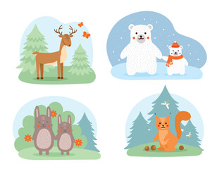 Cute animals set. Collection of graphic elements for website. Forest squirrel, deer and rabbits on lawn and polar bear in snow. Cartoon flat vector illustrations isolated on white background