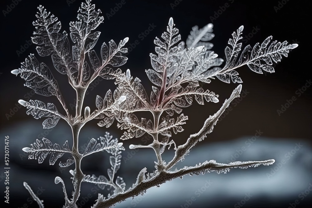 Poster when ice forms on branches and freezes, it creates a multifaceted pattern. generative ai
