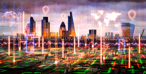 City of London view, business and financial area of capital with business intelligence key performance indicators, charts, stock market data. International business and economy monitoring concept