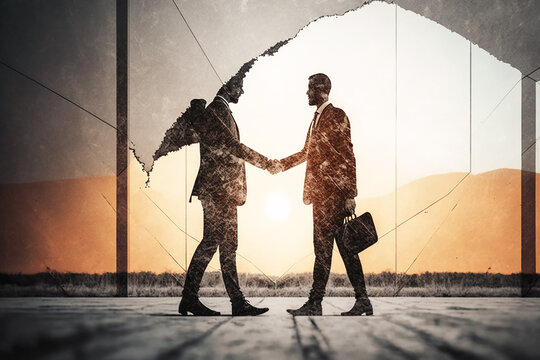 Full length image of two successful business men shaking hands with each other, graphic concept illustration,  Created using generative AI tools.