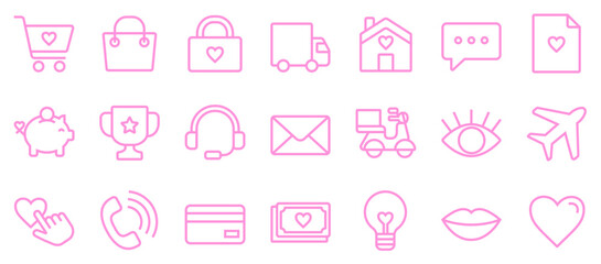 set of pink icons, girly ecommerce icons, cute e-commerce icon set, shopping cart, delivery, home, savings, heart, cash, eye, lips, plane, phone, support, lovable vector icons, editable stroke line