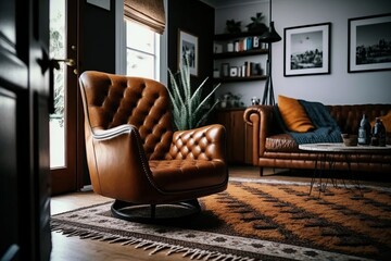 Sleek and Sophisticated Living Room Interior with a Stylish Leather Armchair, Wide and Cross-Angled Arrangement, and Striking Carpet Decor in Home Decoration
