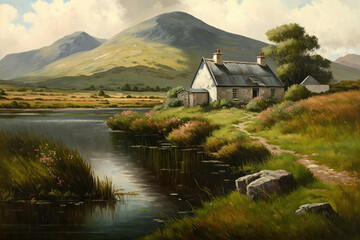 Fototapeta na wymiar Irish countryside farmhouse on river mountains as digital illustration (Generative AI)