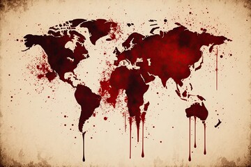 Map of the world made of blood with blood drops, concept of bloody war, created with Generative AI technology - obrazy, fototapety, plakaty