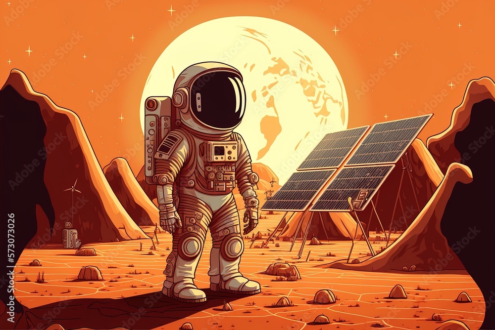 Poster solar-powered space colonization of mars, as seen from an astronaut's perspective generative ai