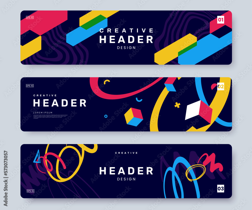 Aufkleber Abstract creative web banner collection with colorful dynamic geometric shapes and graphics. Set of bright colorful artistic header with place for text. Youth style backgrounds. Vector eps 10