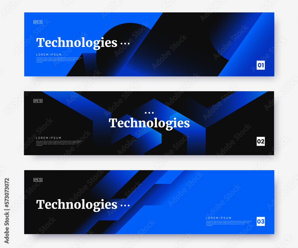 Fototapete Web banner design collection in dark blue colors with abstract gradient geometirc shapes. Web header concept in strict minimalist style. Hi-tech background for your business.