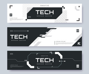 Futuristic web banner collection in high tech style. Web header with HUD graphics elements and place for text. Black and white colors. Technology bakcground for your design. Vector illustration. - obrazy, fototapety, plakaty