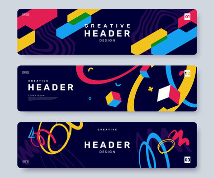Abstract creative web banner collection with colorful dynamic geometric shapes and graphics. Set of bright colorful artistic header with place for text. Youth style backgrounds. Vector eps 10
