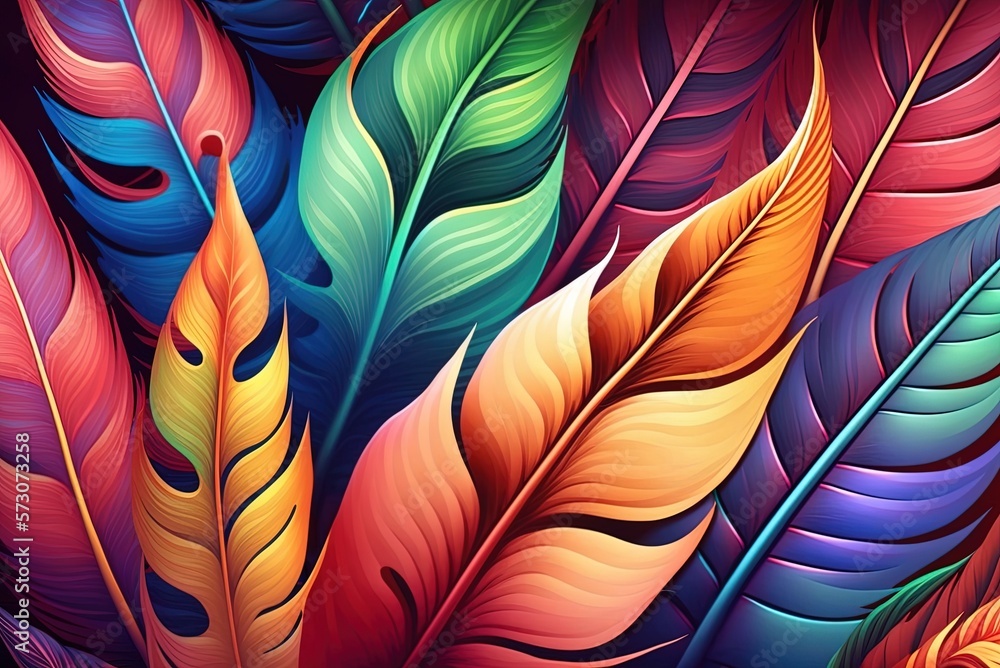Aufkleber two-dimensional artwork depicting a close-up of multicolored feathers. generative ai