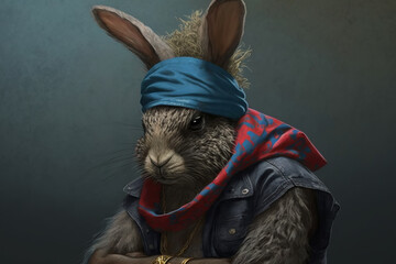 rabbit in with golden chains, rapper or bandit, gangster, cool bunny. Illustration. Generative AI.