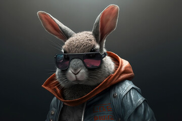 rabbit in leather jacket with golden chains, rapper or bandit, gangster, cool bunny. Illustration. Generative AI. - obrazy, fototapety, plakaty