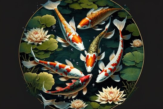 Beautiful Japanese koi fish in a wide picture from above the pond. Generative AI