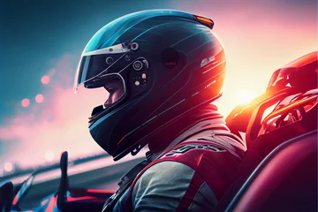Foto op Plexiglas Formule 1 Portrait of sports car racer wearing helmet at sunset. ace driver with helmet Sports car race track Design. High quality Ai generated illustration.