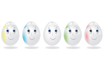 Illustration of Easter white eggs with faces. Isolated. Cartoon of white and colored eggs with shadows in vector and jpg formats. Hand rendered in 3d.