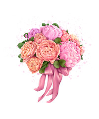 Beautiful bouquet with roses and peonies. Beautiful wedding bouquet. Flowers and leaves. Illustration