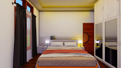 Modern interior minimal bedroom mock up in minimalist style. 3d renders