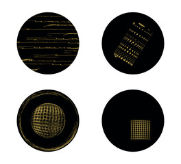 vector set of black circles with various gold patterns isolated on white background