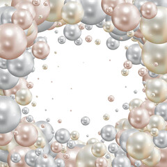 Pearl beads frame on a gray background. Jewelry bracelet, necklace. Wedding invitation white pearls background. Vector illustration. eps 10