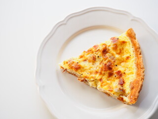 Homemade traditional french Quiche Lorraine, real recipe, white background