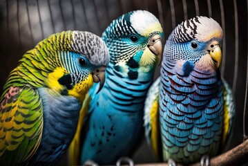 Budgies in a cage, up close and colorful. Generative AI