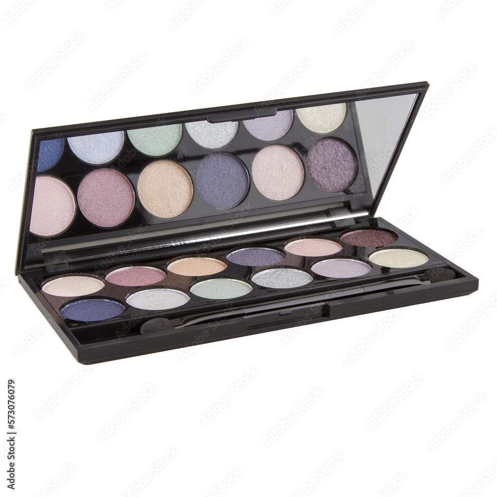 Wall mural eyeshadow palette, in a black case isolated on a white background.