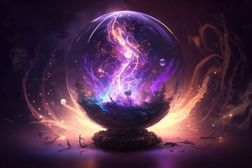 Magic sphere, energy ball with mystic glow, lightning and sparks. Generative Ai art. Color glowing orb with light effect, liquid plasma and fire. Fantasy shiny circle for game design - obrazy, fototapety, plakaty