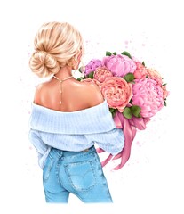 Beautiful blond hair girl holding bouquet. Stylish woman with flowers. Fashion illustration