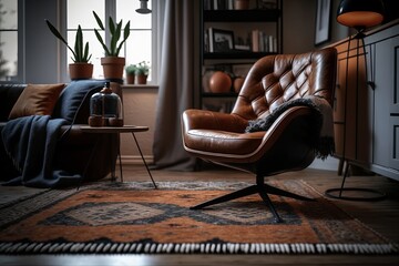 Stylish interior of living room with design leather armchair