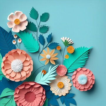 colorful paper flowers on bluebackground