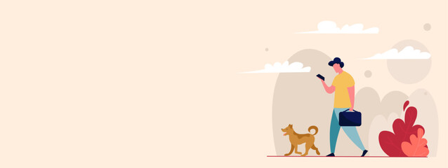 flat illustration, a man and a dog walk along a bright location
