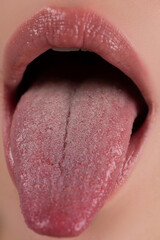 Tongue out. Open woman mouth. Sexy tongue.