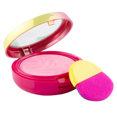 Dry blush in a box on a white isolated background. The blush comes with a brush.