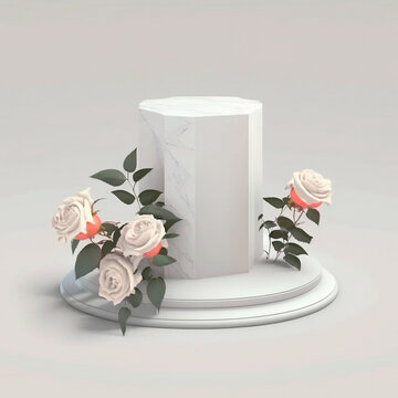 Elegant and modern podium for cosmetics product display, rose flowers in white background